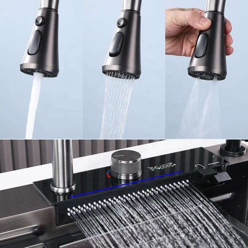 Digital Display Embossed Stainless Steel Nano Black Raindance Waterfall Drop in Sink