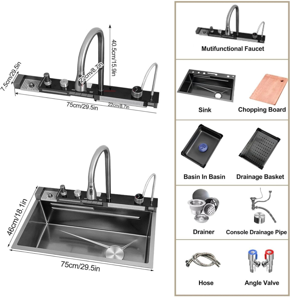 Digital Display Embossed Stainless Steel Nano Black Raindance Waterfall Drop in Sink